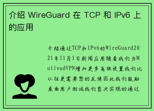 介绍 WireGuard 在 TCP 和 IPv6 上的应用 